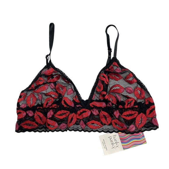 HANKY PANKY Kissing Triangle Bralette - Black Red Lips - NWT - Medium - Picture 3 of 4
